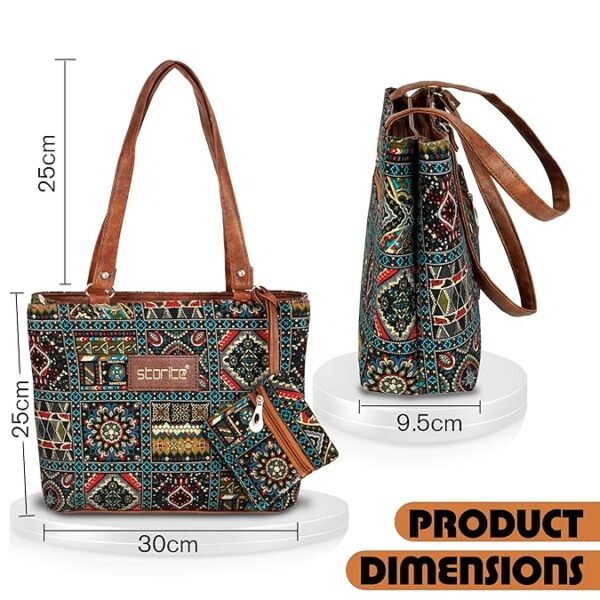 Storite Women's Tote Bag With Leather Handles & Embroidery Printed Handbag - Image 2