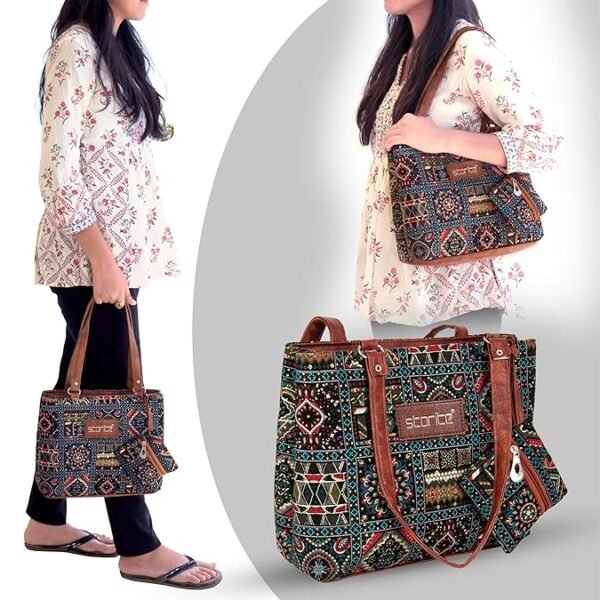 Storite Women's Tote Bag With Leather Handles & Embroidery Printed Handbag - Image 6