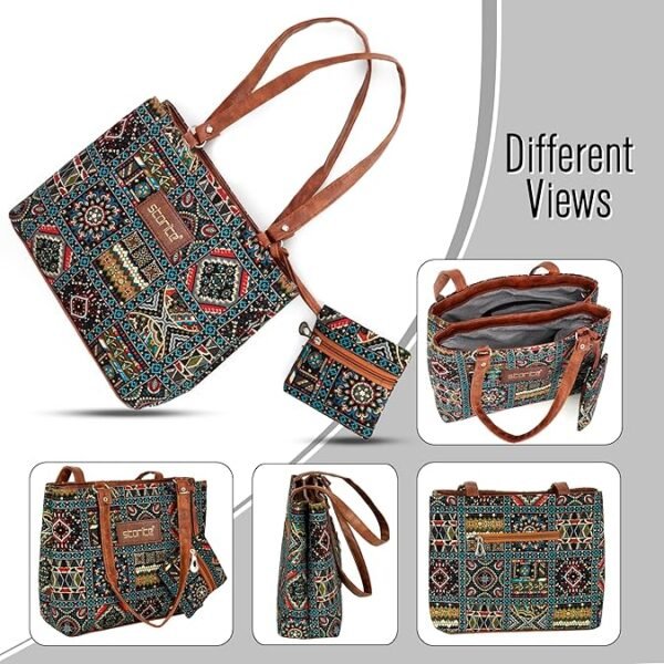 Storite Women's Tote Bag With Leather Handles & Embroidery Printed Handbag - Image 5