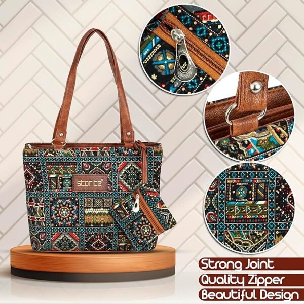 Storite Women's Tote Bag With Leather Handles & Embroidery Printed Handbag - Image 3